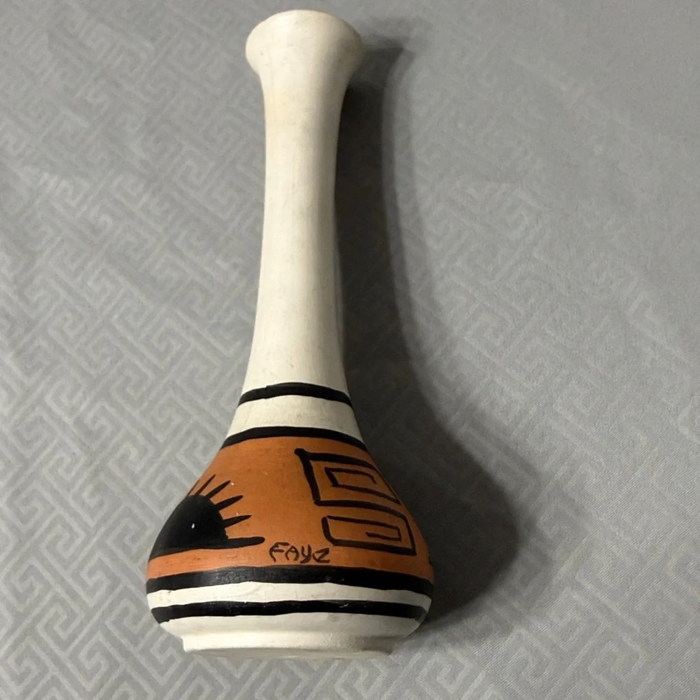 Native American Pottery Hand Painted Bud Vase Sun Motif Geometric Pattern 6”